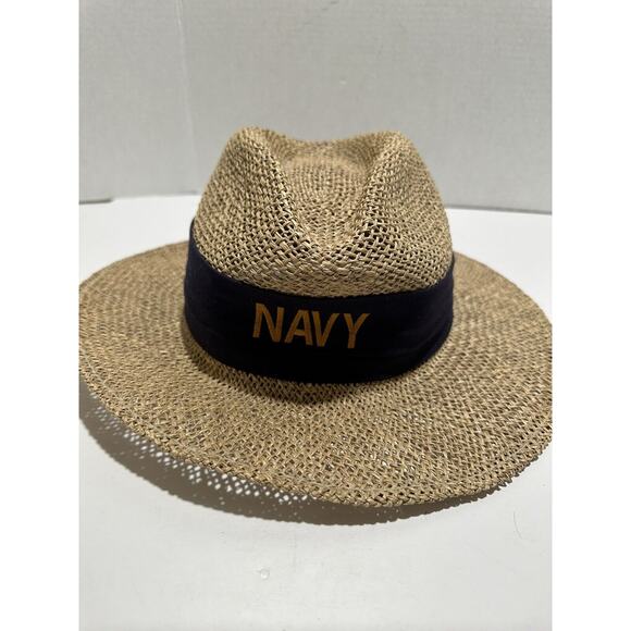 Straw Safari Wicker Hat Panama Unisex With Band Navy Written - Picture 2 of 7